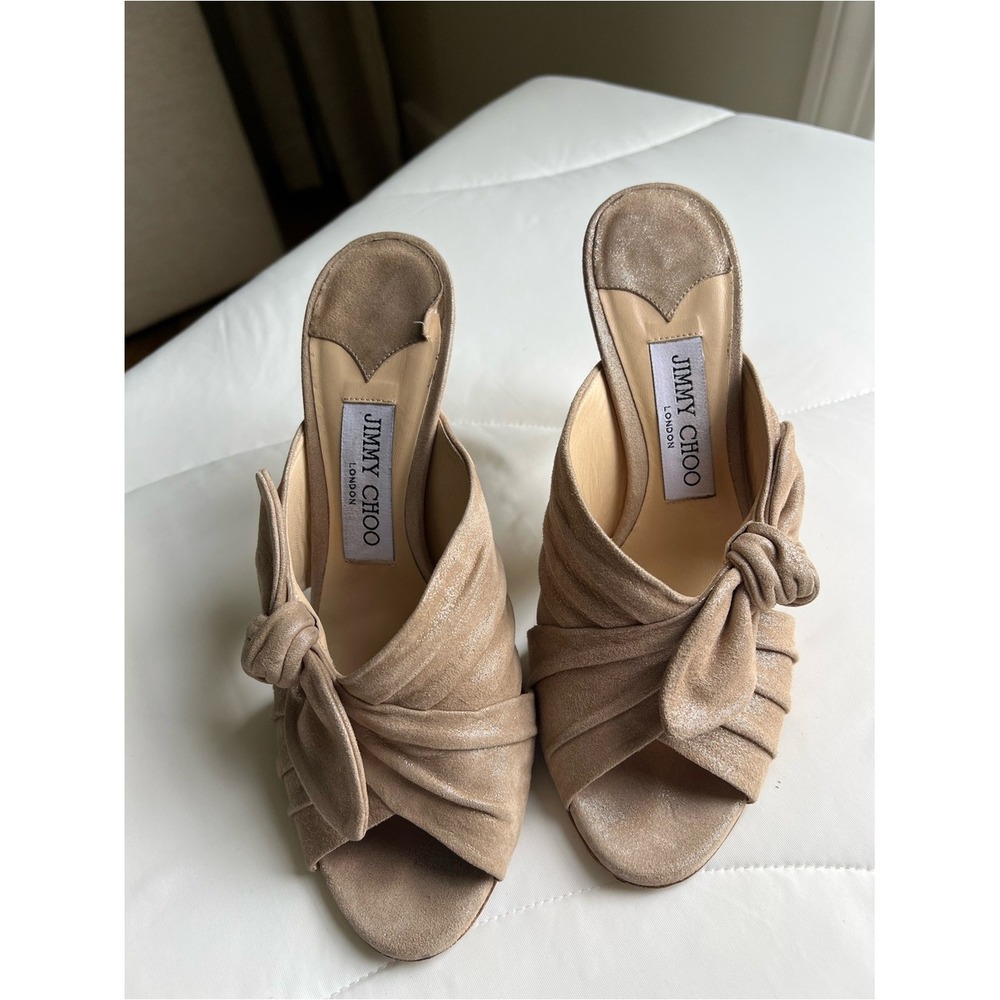 Jimmy Choo Beige Suede Bow Pleated Stiletto Mule Open Toe Women's Heels Size 38 - Picture 4 of 13